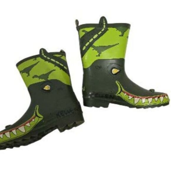 Steel Shank Dinosaur Splashers Boots Kids 2 Green Dino Face - Picture 8 of 8